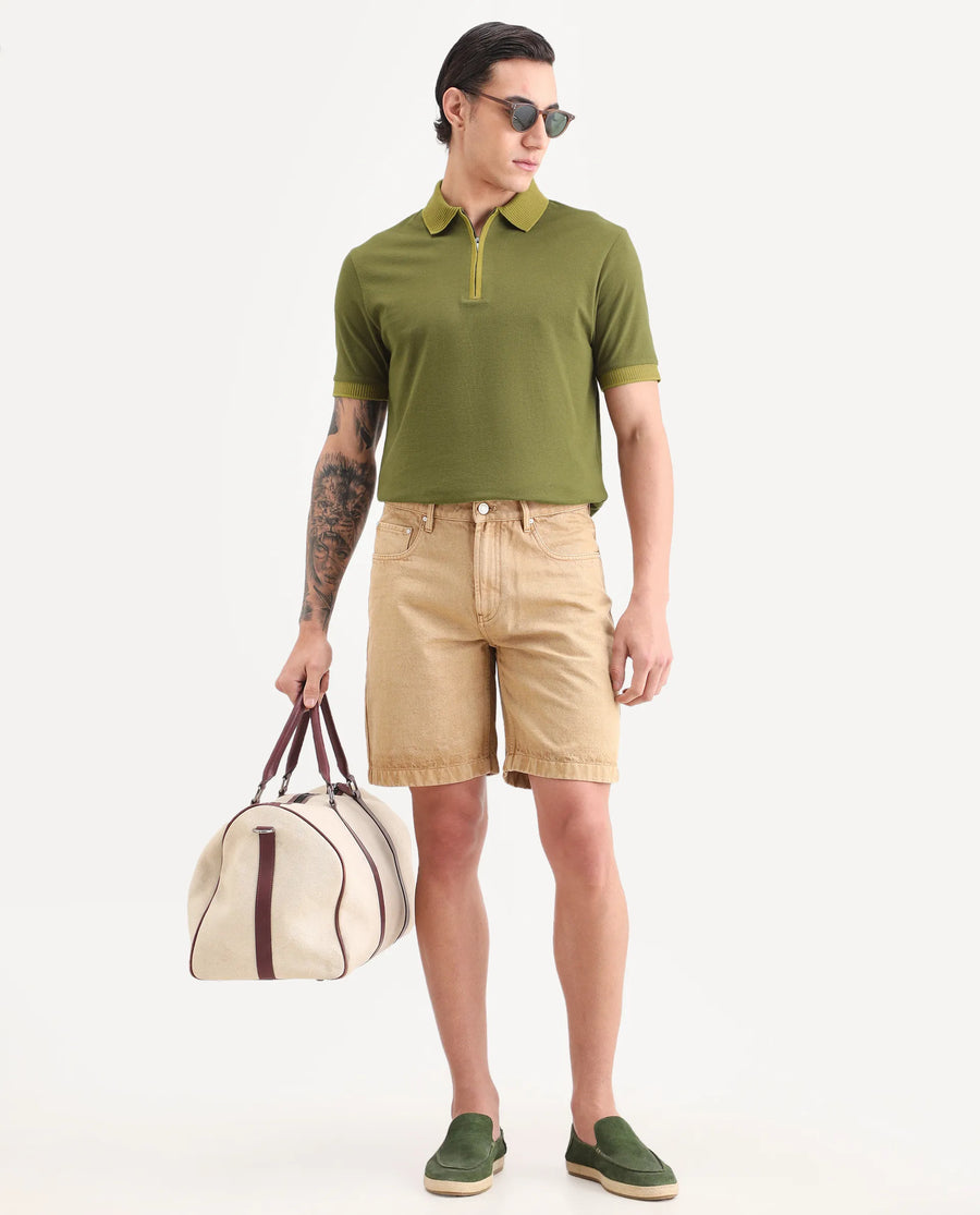 Rare Rabbit Men's Trij Olive Polyester Blend Fabric Spread Collar Regular Fit Plain Polo