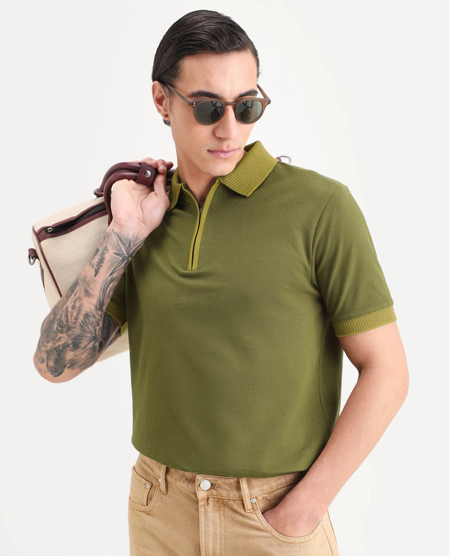 Rare Rabbit Men's Trij Olive Polyester Blend Fabric Spread Collar Regular Fit Plain Polo