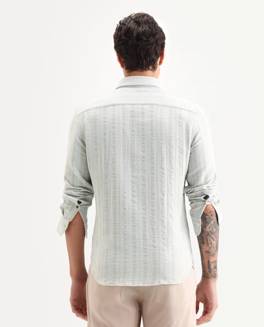 Rare Rabbit Men's Avno Light Blue Cotton Fabric Full Sleeve Spread Collar Regular Fit Striped Shirt