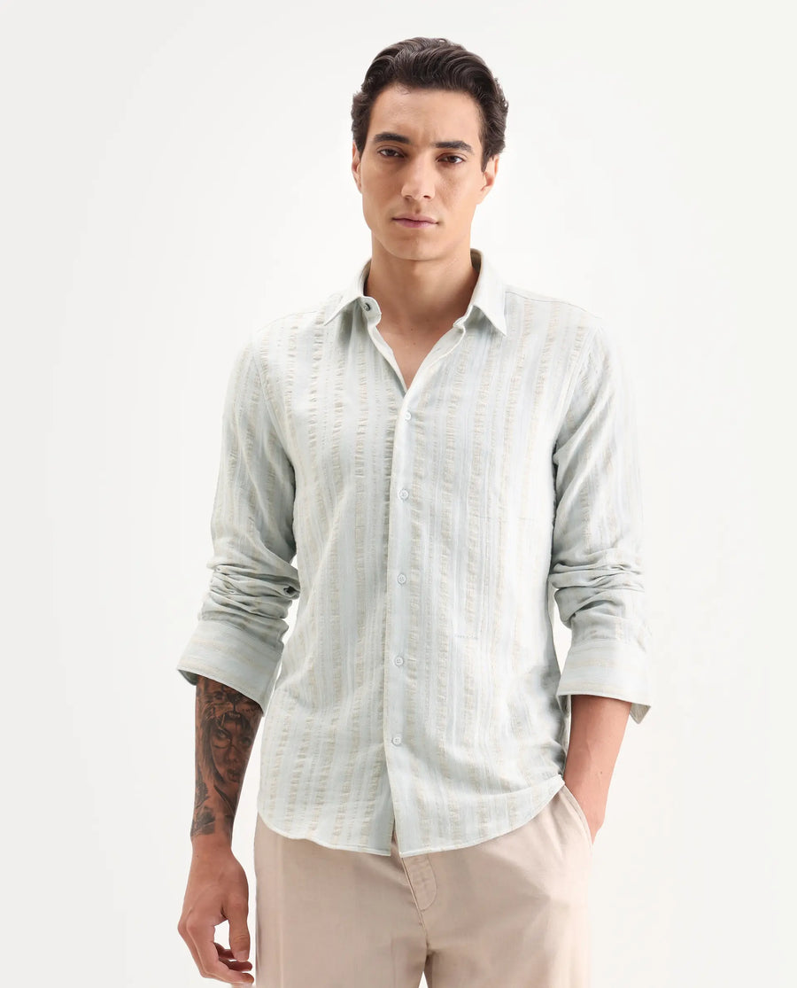 Rare Rabbit Men's Avno Light Blue Cotton Fabric Full Sleeve Spread Collar Regular Fit Striped Shirt
