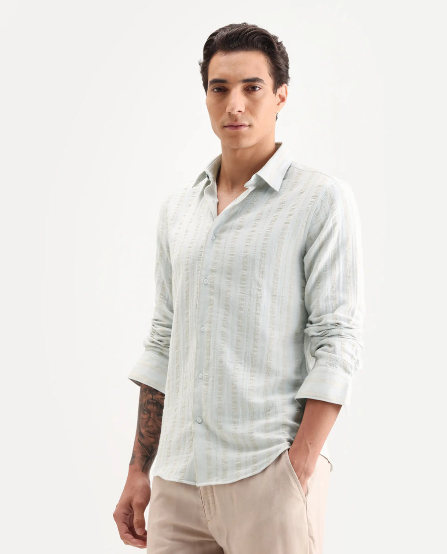 Rare Rabbit Men's Avno Light Blue Cotton Fabric Full Sleeve Spread Collar Regular Fit Striped Shirt