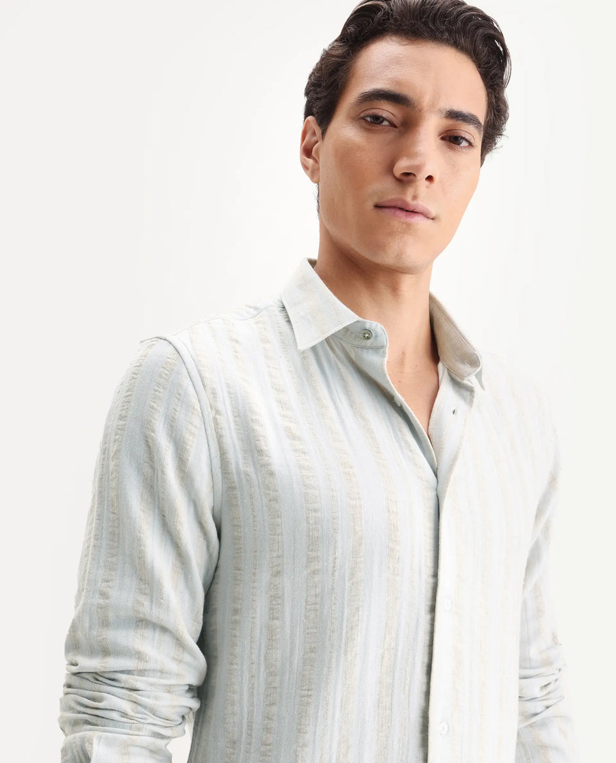 Rare Rabbit Men's Avno Light Blue Cotton Fabric Full Sleeve Spread Collar Regular Fit Striped Shirt