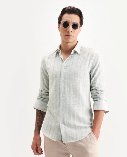 Rare Rabbit Men's Avno Light Blue Cotton Fabric Full Sleeve Spread Collar Regular Fit Striped Shirt