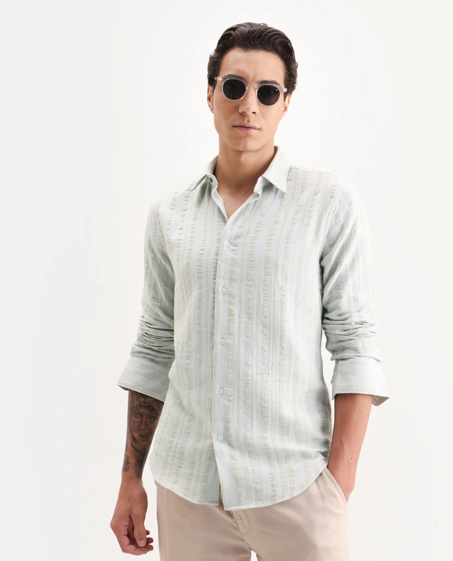 Rare Rabbit Men's Avno Light Blue Cotton Fabric Full Sleeve Spread Collar Regular Fit Striped Shirt