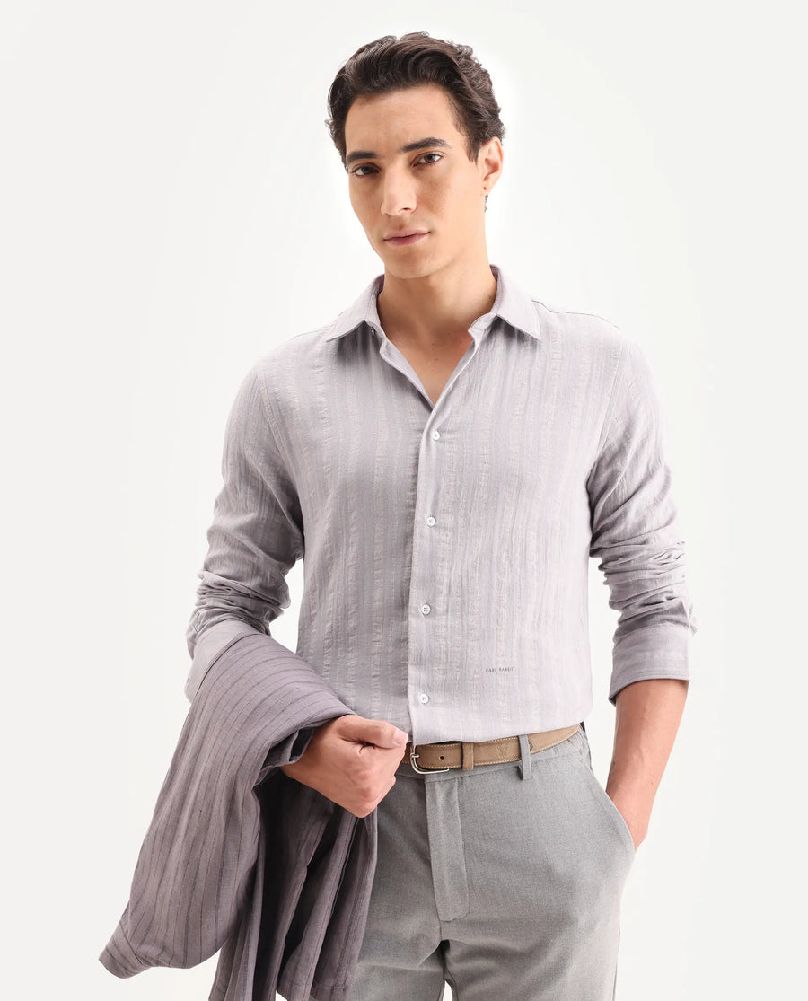 Rare Rabbit Men's Avno Dusky Purple Cotton Fabric Full Sleeve Spread Collar Regular Fit Striped Shirt