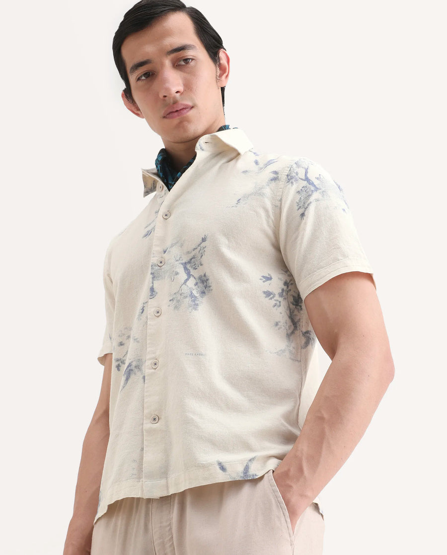Rare Rabbit Men's Murpo Blue Cotton Fabric Half Sleeve Spread Collar Regular Fit Shirt