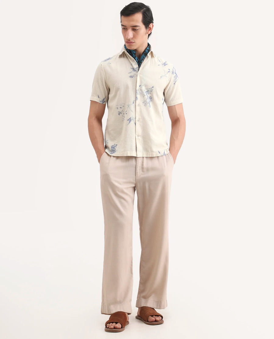 Rare Rabbit Men's Murpo Blue Cotton Fabric Half Sleeve Spread Collar Regular Fit Shirt