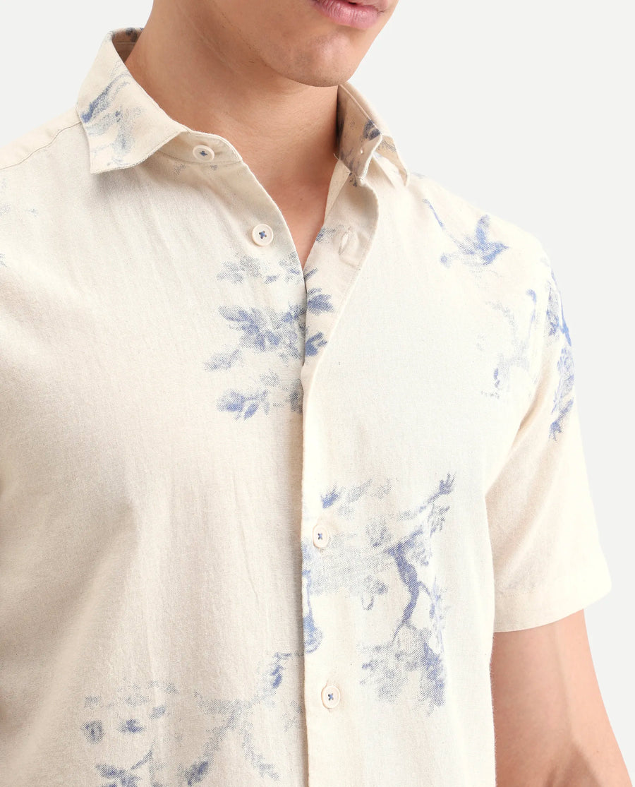 Rare Rabbit Men's Murpo Blue Cotton Fabric Half Sleeve Spread Collar Regular Fit Shirt