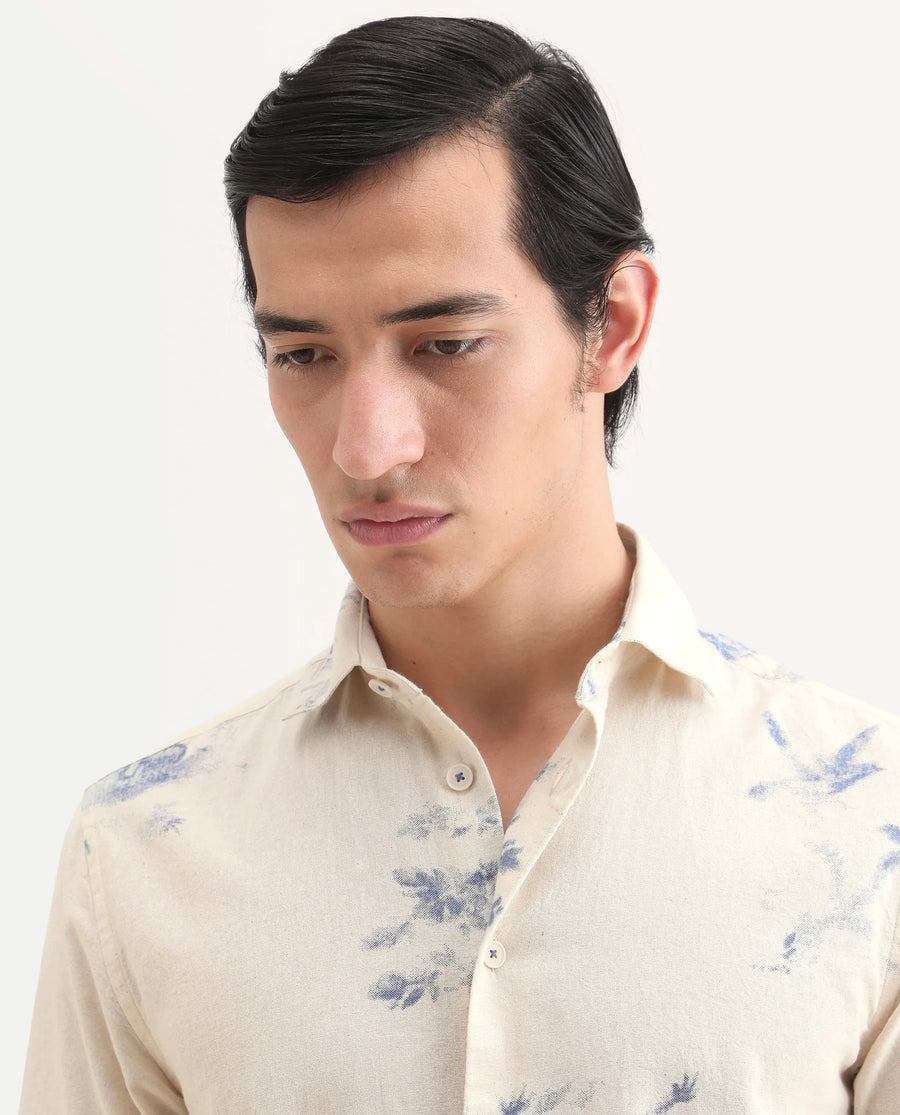 Rare Rabbit Men's Murpo Blue Cotton Fabric Half Sleeve Spread Collar Regular Fit Shirt
