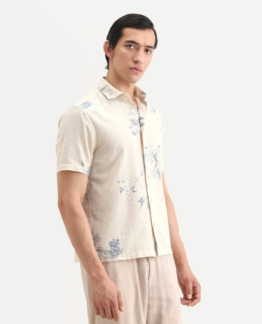 Rare Rabbit Men's Murpo Blue Cotton Fabric Half Sleeve Spread Collar Regular Fit Shirt