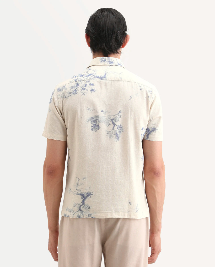 Rare Rabbit Men's Murpo Blue Cotton Fabric Half Sleeve Spread Collar Regular Fit Shirt