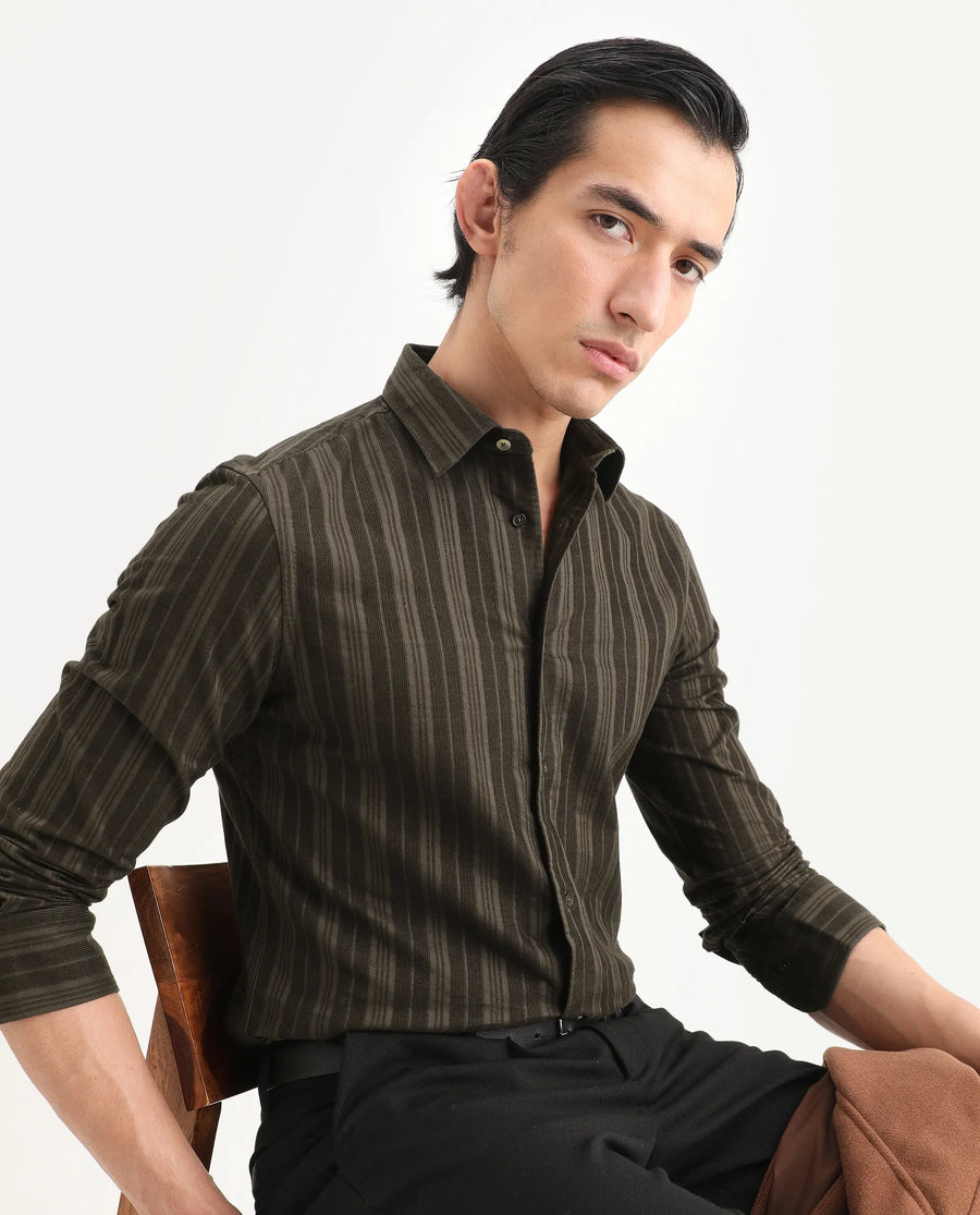 Rare Rabbit Men's Otta Dark Brown Cotton Fabric Full Sleeve Spread Collar Regular Fit Striped Shirt
