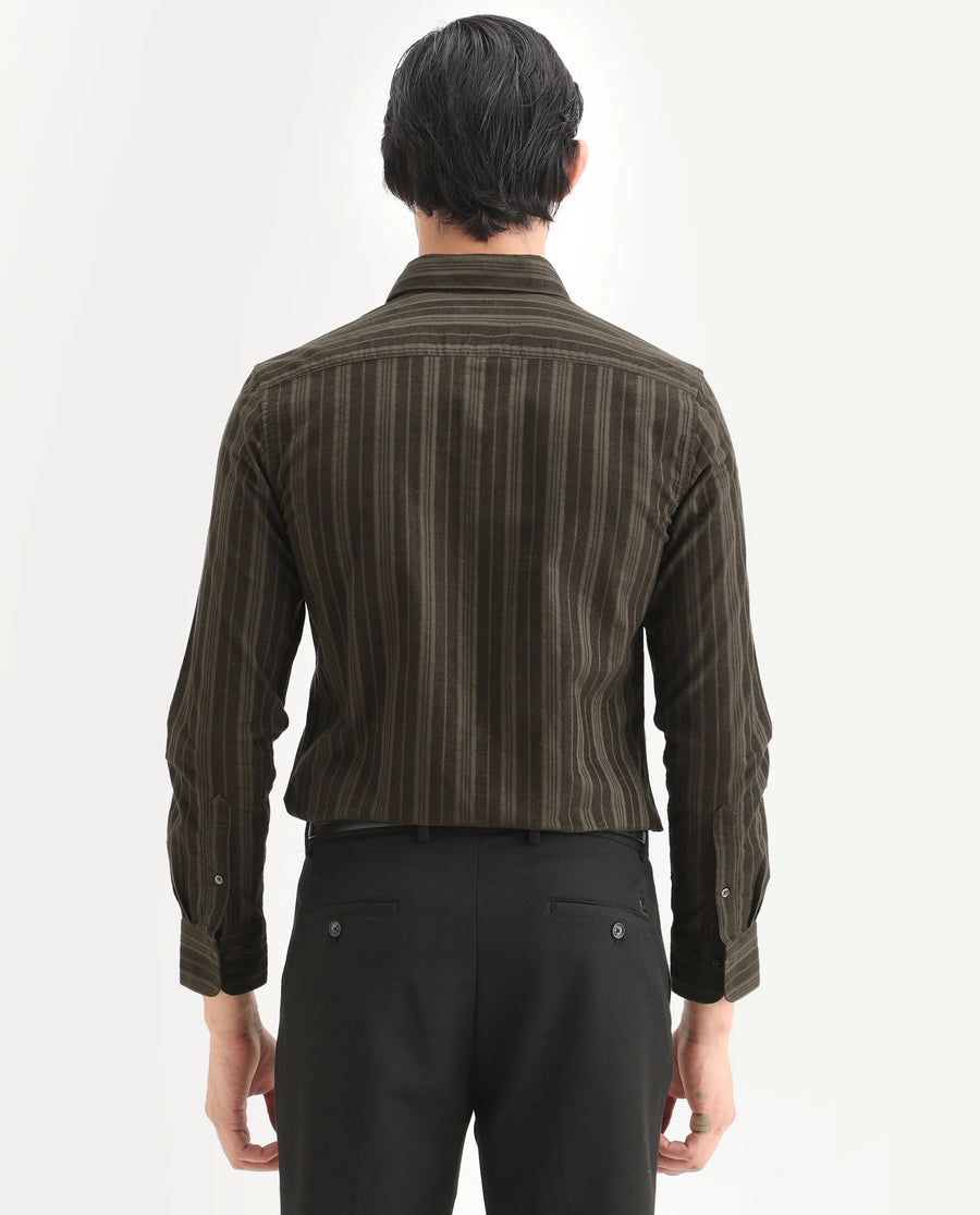 Rare Rabbit Men's Otta Dark Brown Cotton Fabric Full Sleeve Spread Collar Regular Fit Striped Shirt