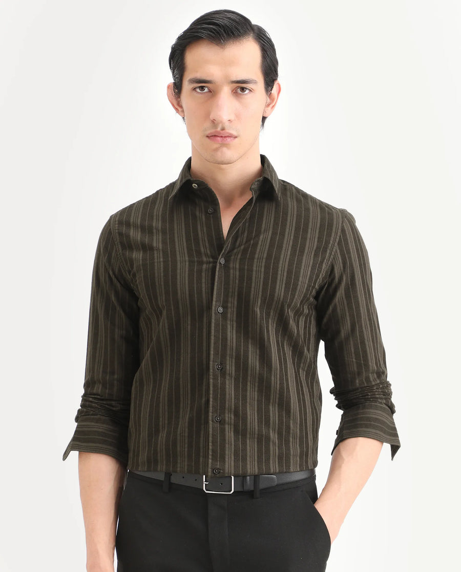 Rare Rabbit Men's Otta Dark Brown Cotton Fabric Full Sleeve Spread Collar Regular Fit Striped Shirt