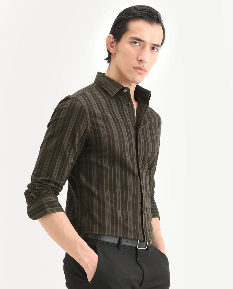 Rare Rabbit Men's Otta Dark Brown Cotton Fabric Full Sleeve Spread Collar Regular Fit Striped Shirt
