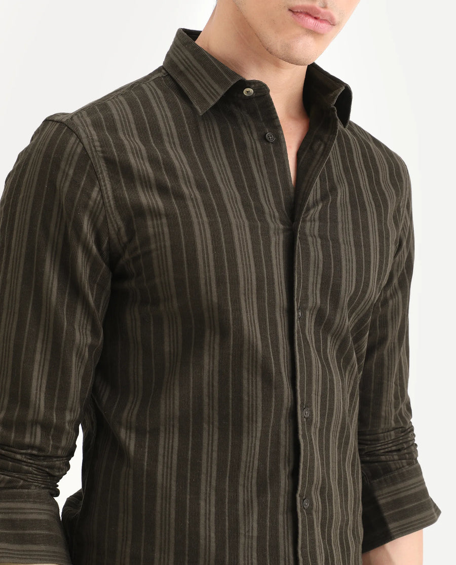 Rare Rabbit Men's Otta Dark Brown Cotton Fabric Full Sleeve Spread Collar Regular Fit Striped Shirt