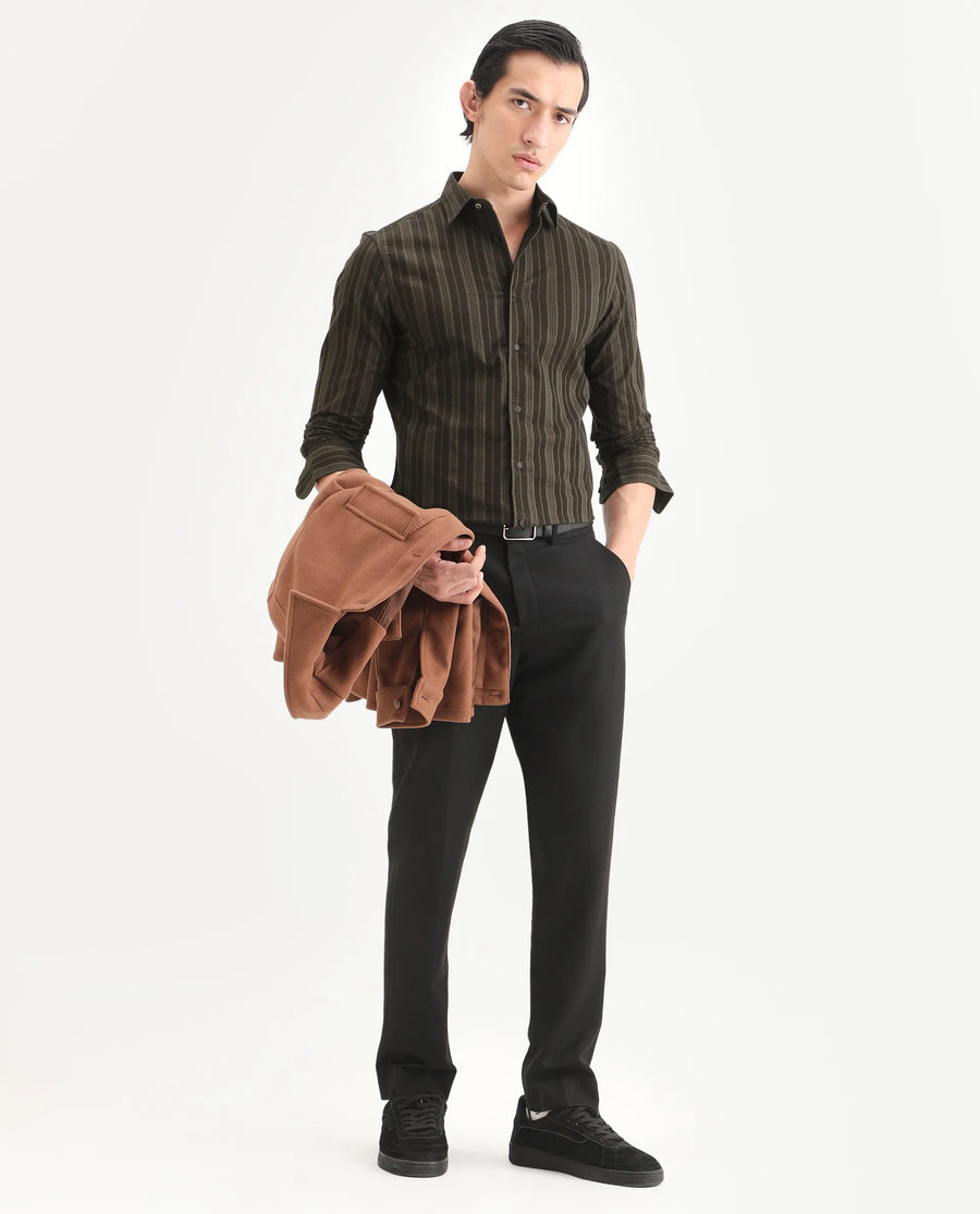 Rare Rabbit Men's Otta Dark Brown Cotton Fabric Full Sleeve Spread Collar Regular Fit Striped Shirt