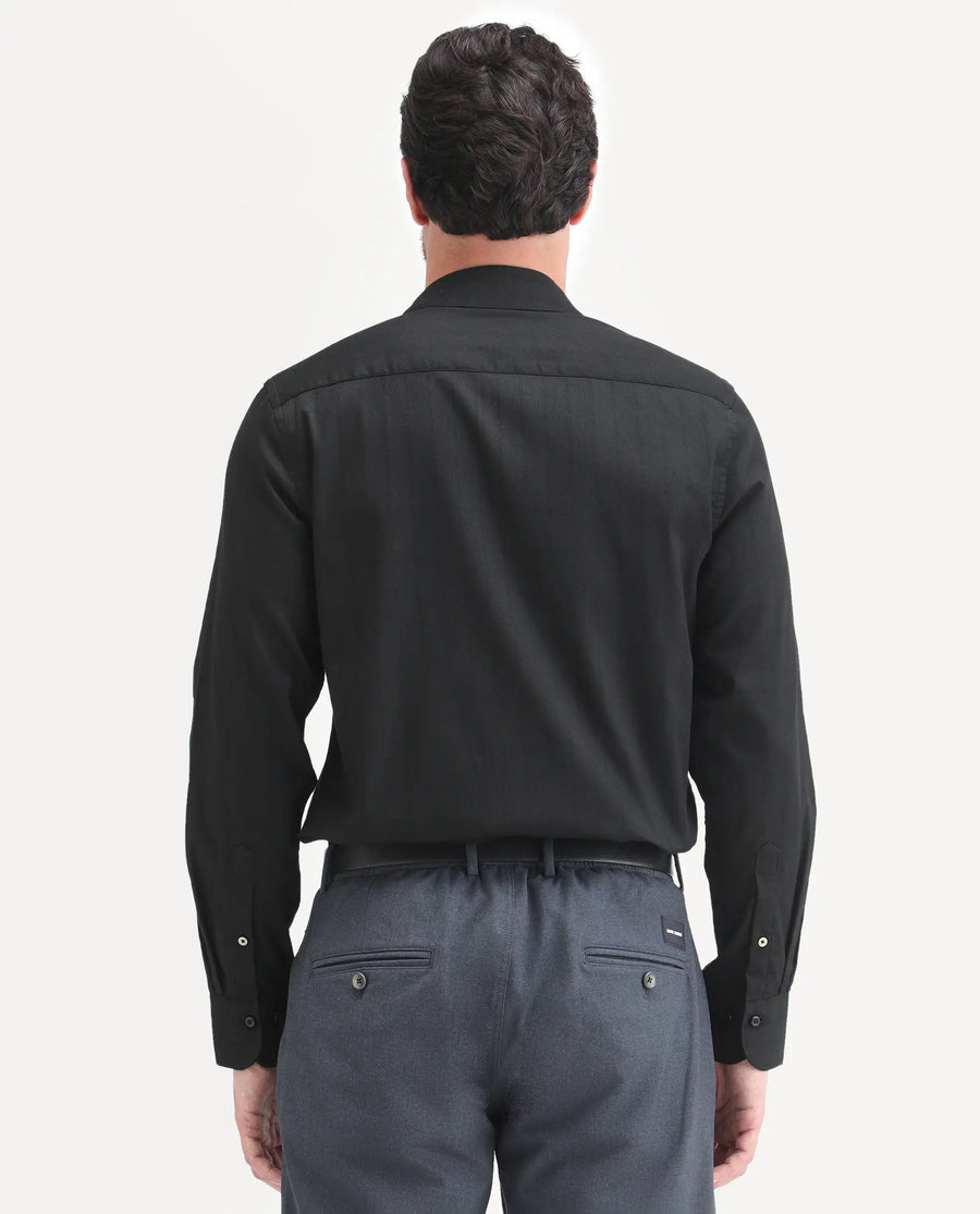 Rare Rabbit Men's Dyke Dark Black Cotton Blend Fabric Full Sleeve Spread Collar Regular Fit Shirt