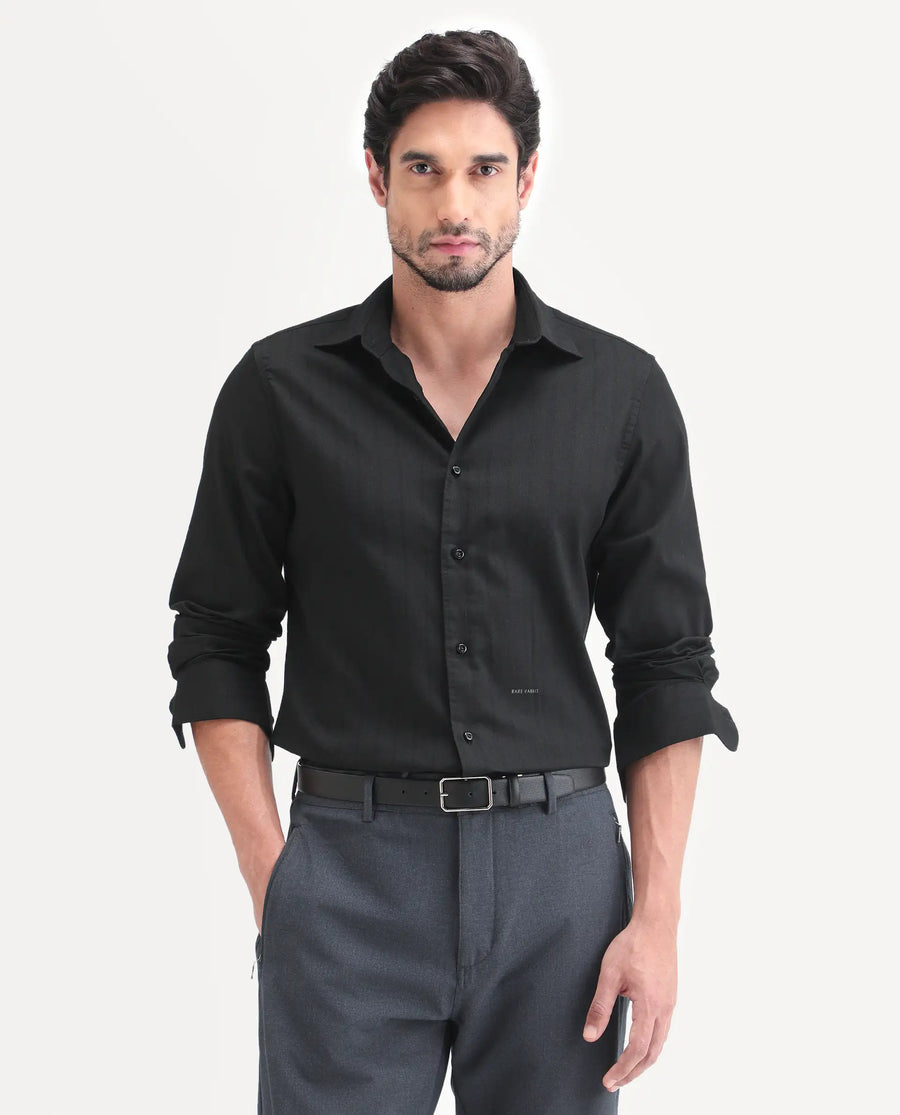 Rare Rabbit Men's Dyke Dark Black Cotton Blend Fabric Full Sleeve Spread Collar Regular Fit Shirt
