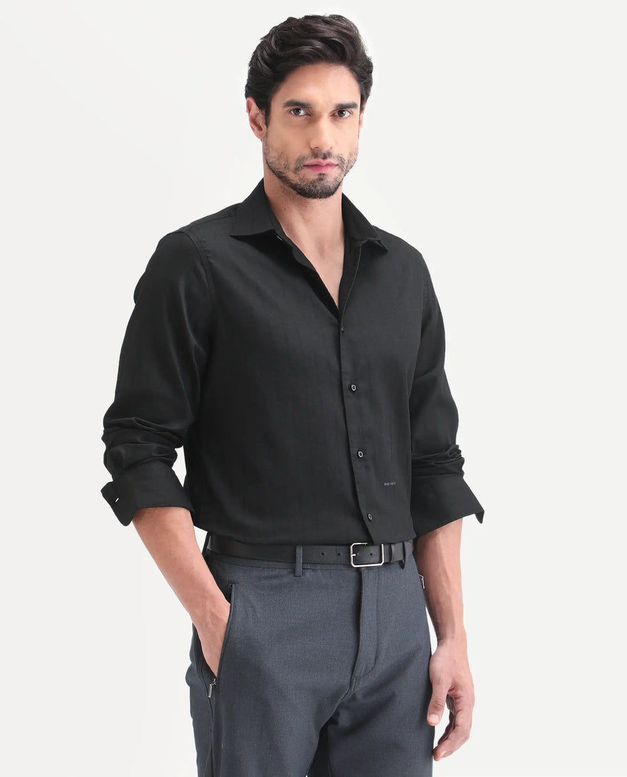 Rare Rabbit Men's Dyke Dark Black Cotton Blend Fabric Full Sleeve Spread Collar Regular Fit Shirt