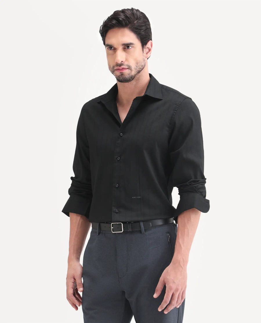Rare Rabbit Men's Dyke Dark Black Cotton Blend Fabric Full Sleeve Spread Collar Regular Fit Shirt
