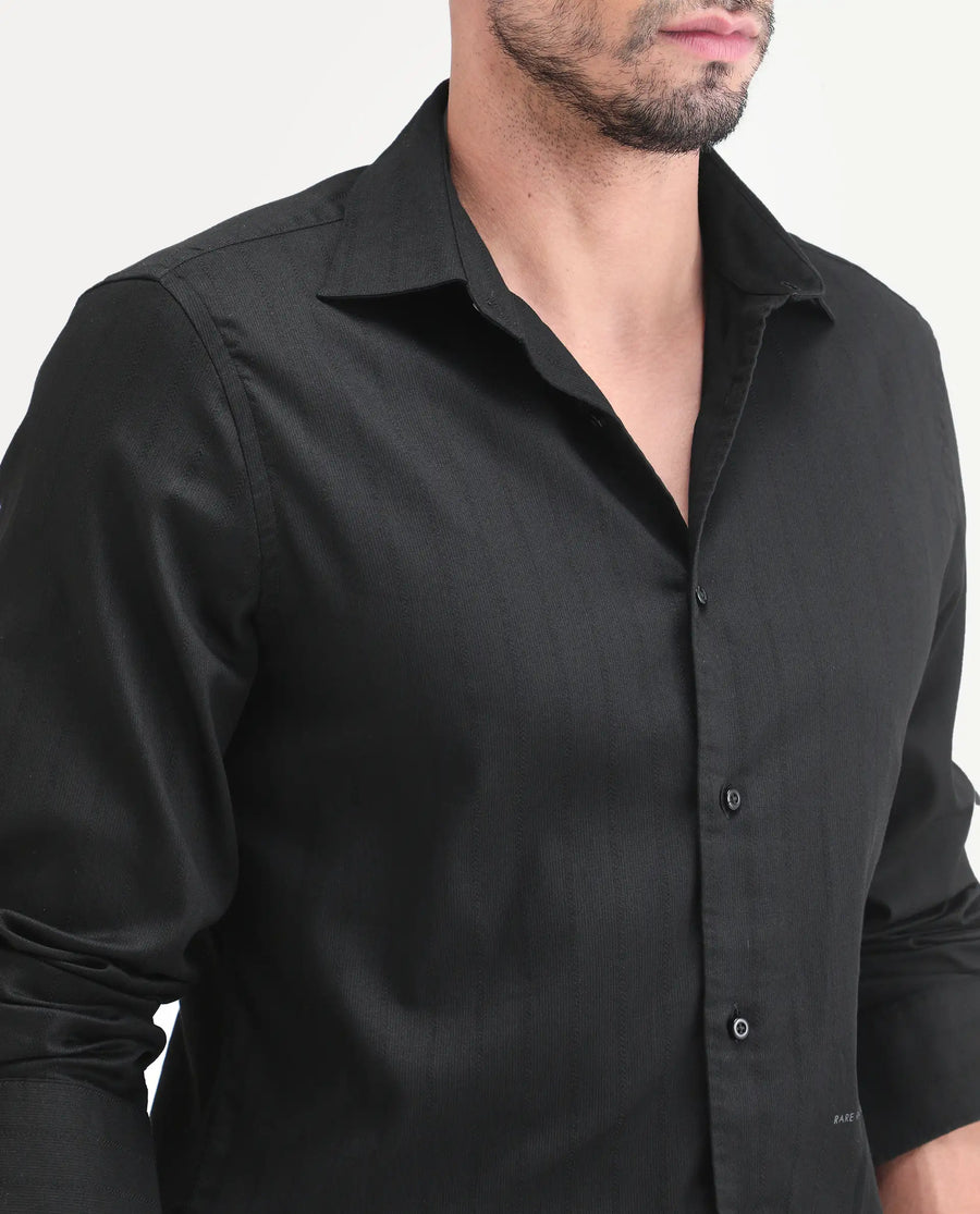 Rare Rabbit Men's Dyke Dark Black Cotton Blend Fabric Full Sleeve Spread Collar Regular Fit Shirt