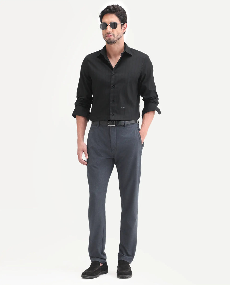 Rare Rabbit Men's Dyke Dark Black Cotton Blend Fabric Full Sleeve Spread Collar Regular Fit Shirt