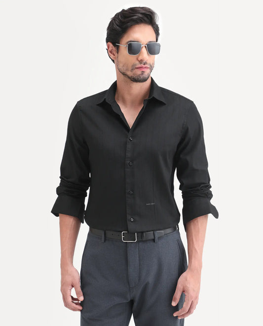 Rare Rabbit Men's Dyke Dark Black Cotton Blend Fabric Full Sleeve Spread Collar Regular Fit Shirt