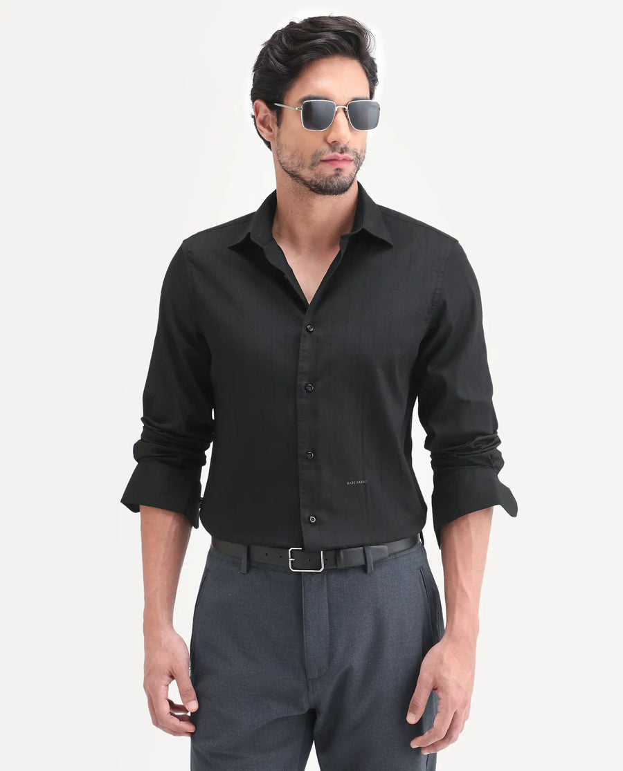 Rare Rabbit Men's Dyke Dark Black Cotton Blend Fabric Full Sleeve Spread Collar Regular Fit Shirt