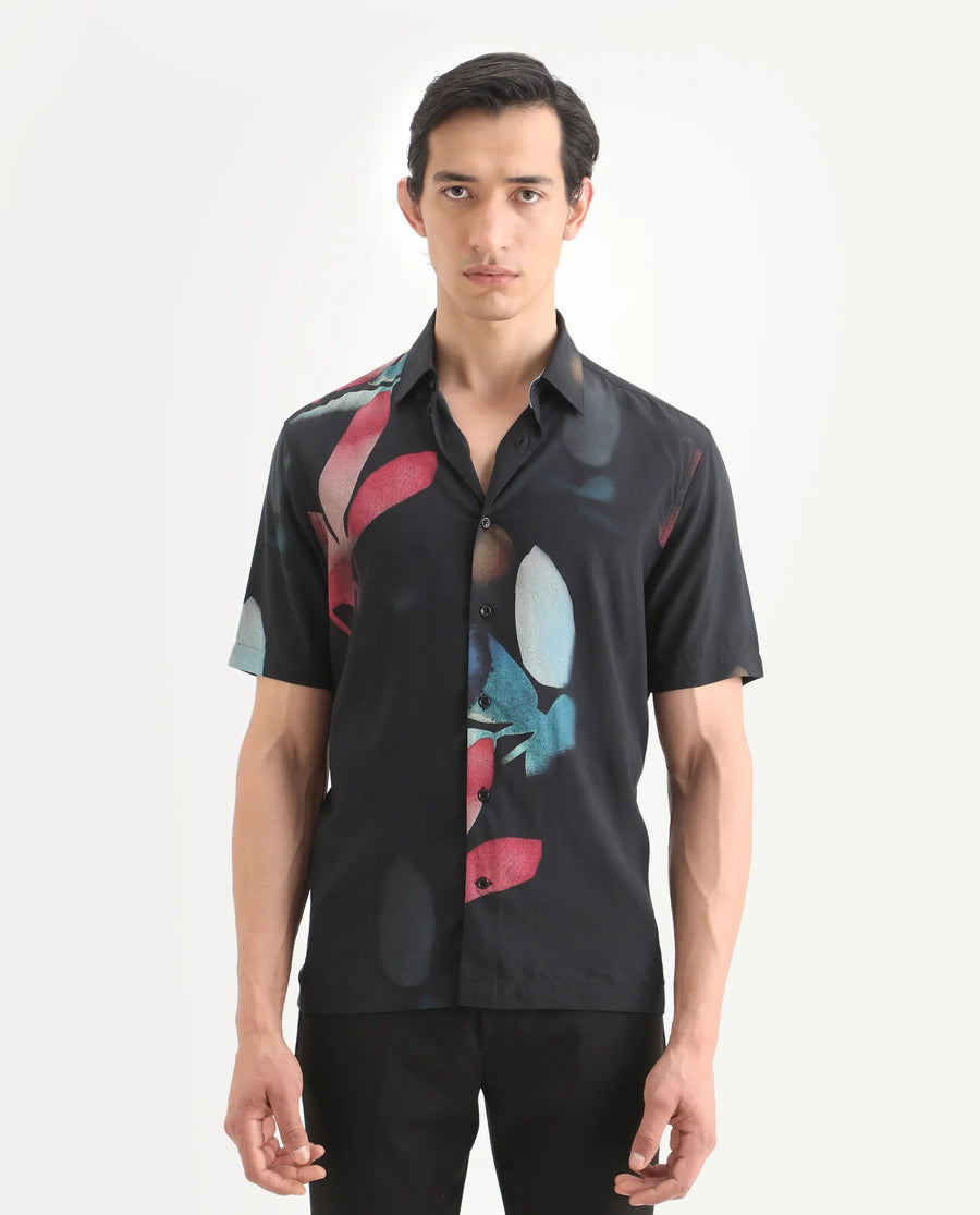 Rare Rabbit Men's Oqen Black Viscose Fabric Half Sleeve Spread Collar Regular Fit Floral Print Shirt