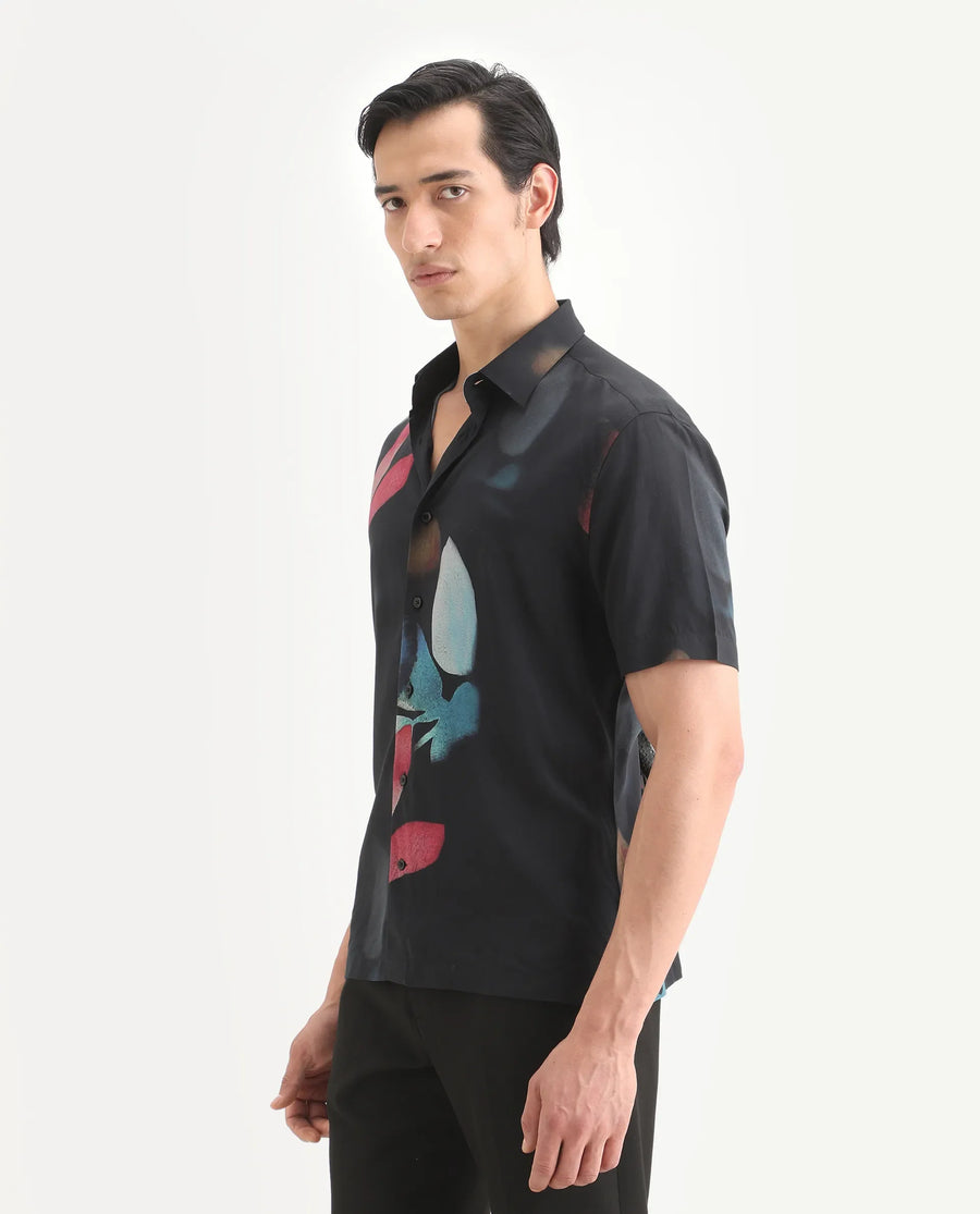 Rare Rabbit Men's Oqen Black Viscose Fabric Half Sleeve Spread Collar Regular Fit Floral Print Shirt