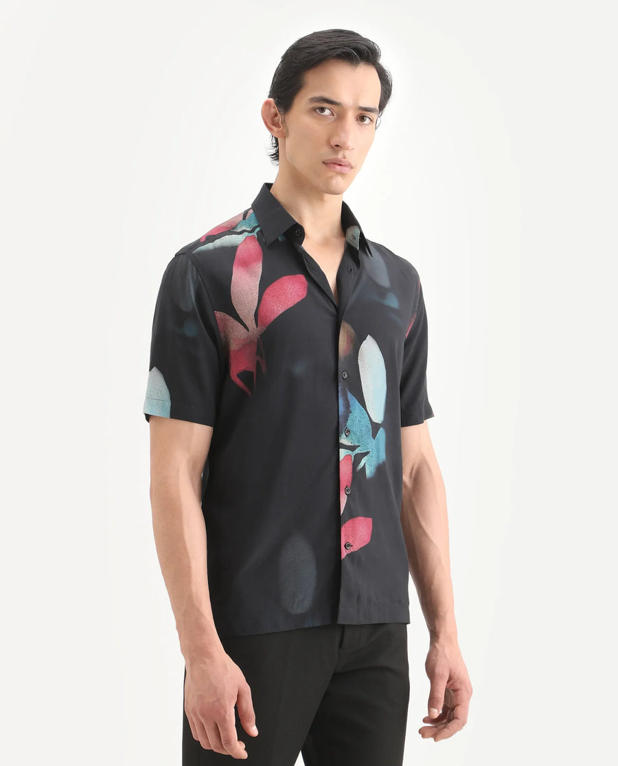 Rare Rabbit Men's Oqen Black Viscose Fabric Half Sleeve Spread Collar Regular Fit Floral Print Shirt