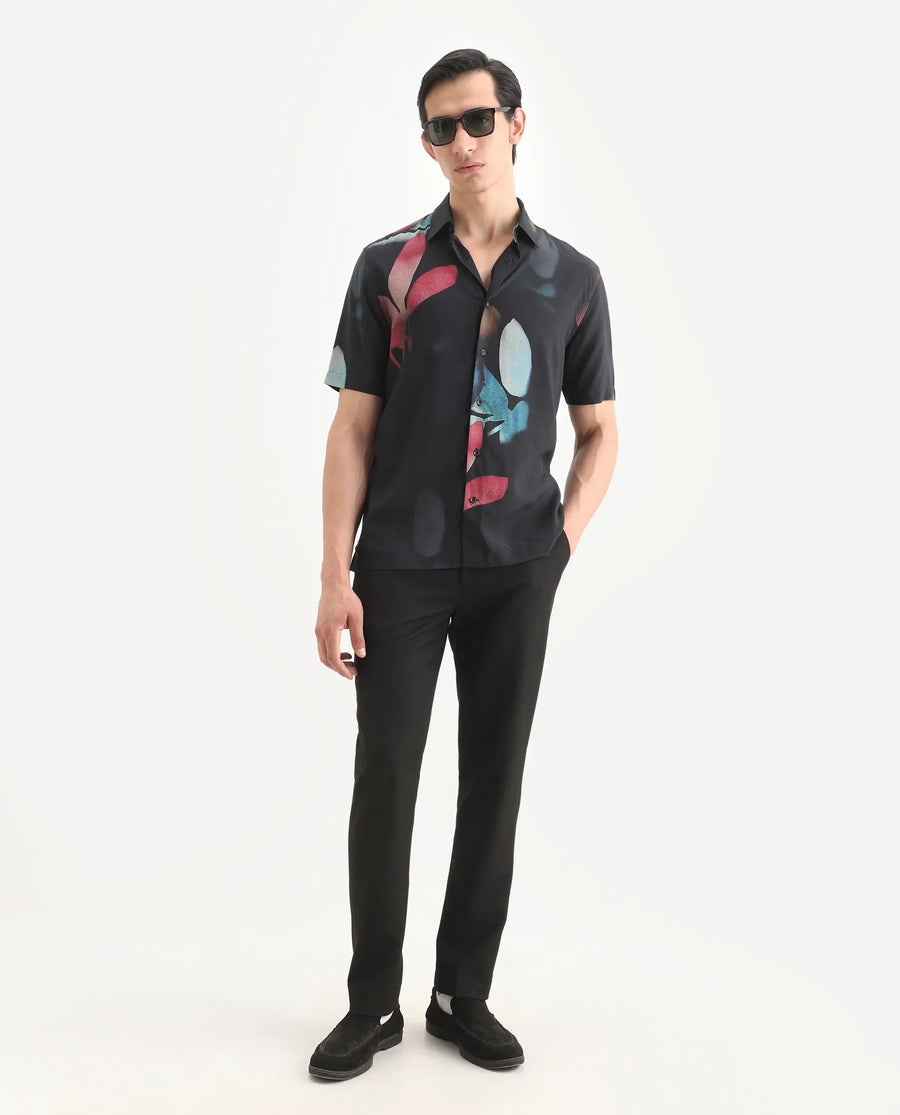 Rare Rabbit Men's Oqen Black Viscose Fabric Half Sleeve Spread Collar Regular Fit Floral Print Shirt