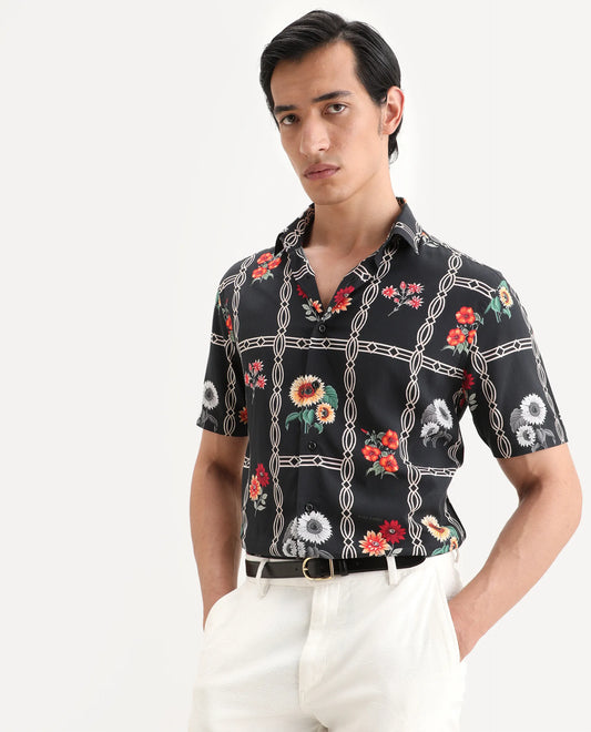 Rare Rabbit Men's Klyn Black Viscose Fabric Half Sleeve Spread Collar Regular Fit Floral Print Shirt