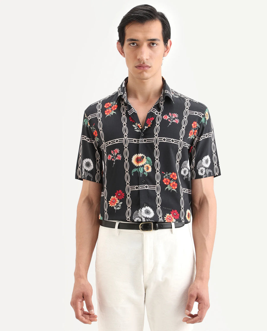 Rare Rabbit Men's Klyn Black Viscose Fabric Half Sleeve Spread Collar Regular Fit Floral Print Shirt