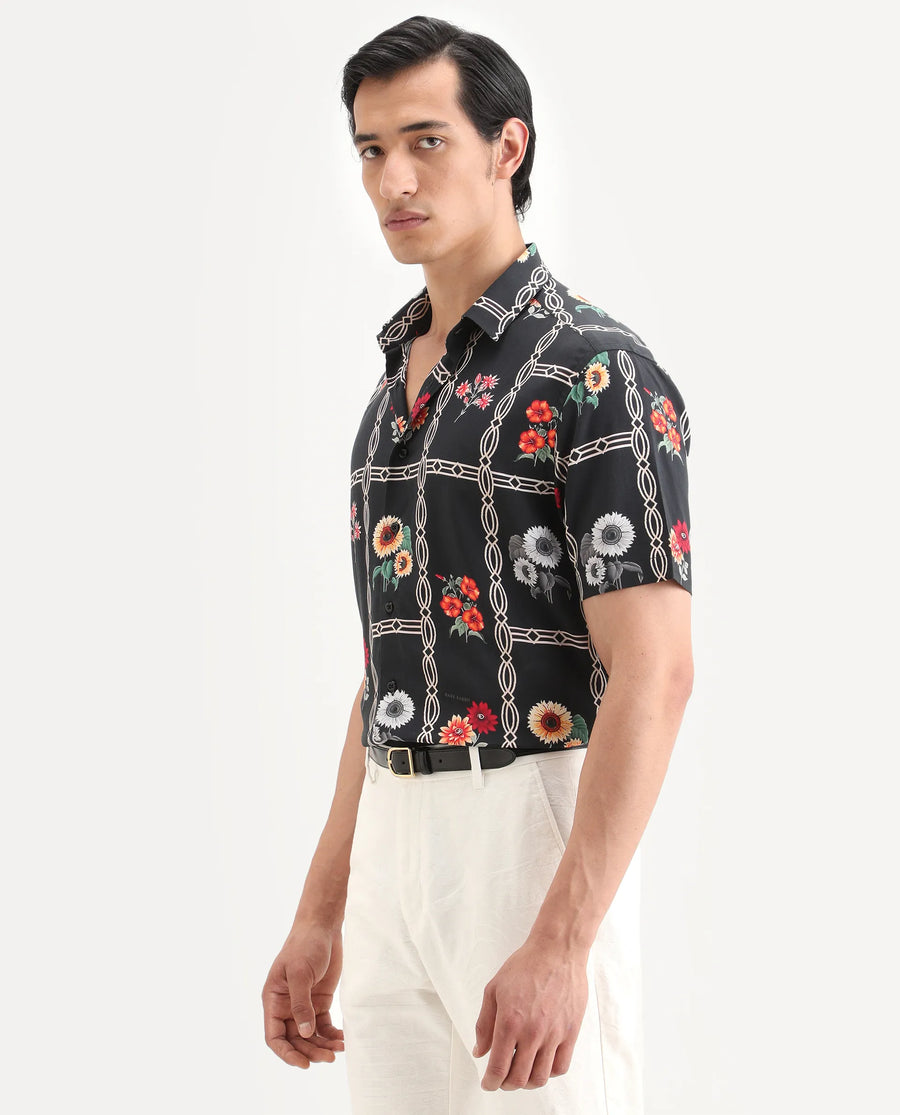 Rare Rabbit Men's Klyn Black Viscose Fabric Half Sleeve Spread Collar Regular Fit Floral Print Shirt