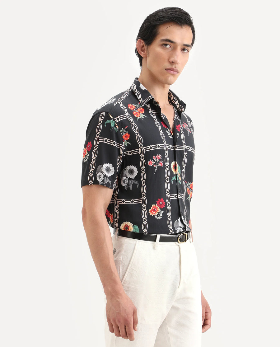 Rare Rabbit Men's Klyn Black Viscose Fabric Half Sleeve Spread Collar Regular Fit Floral Print Shirt