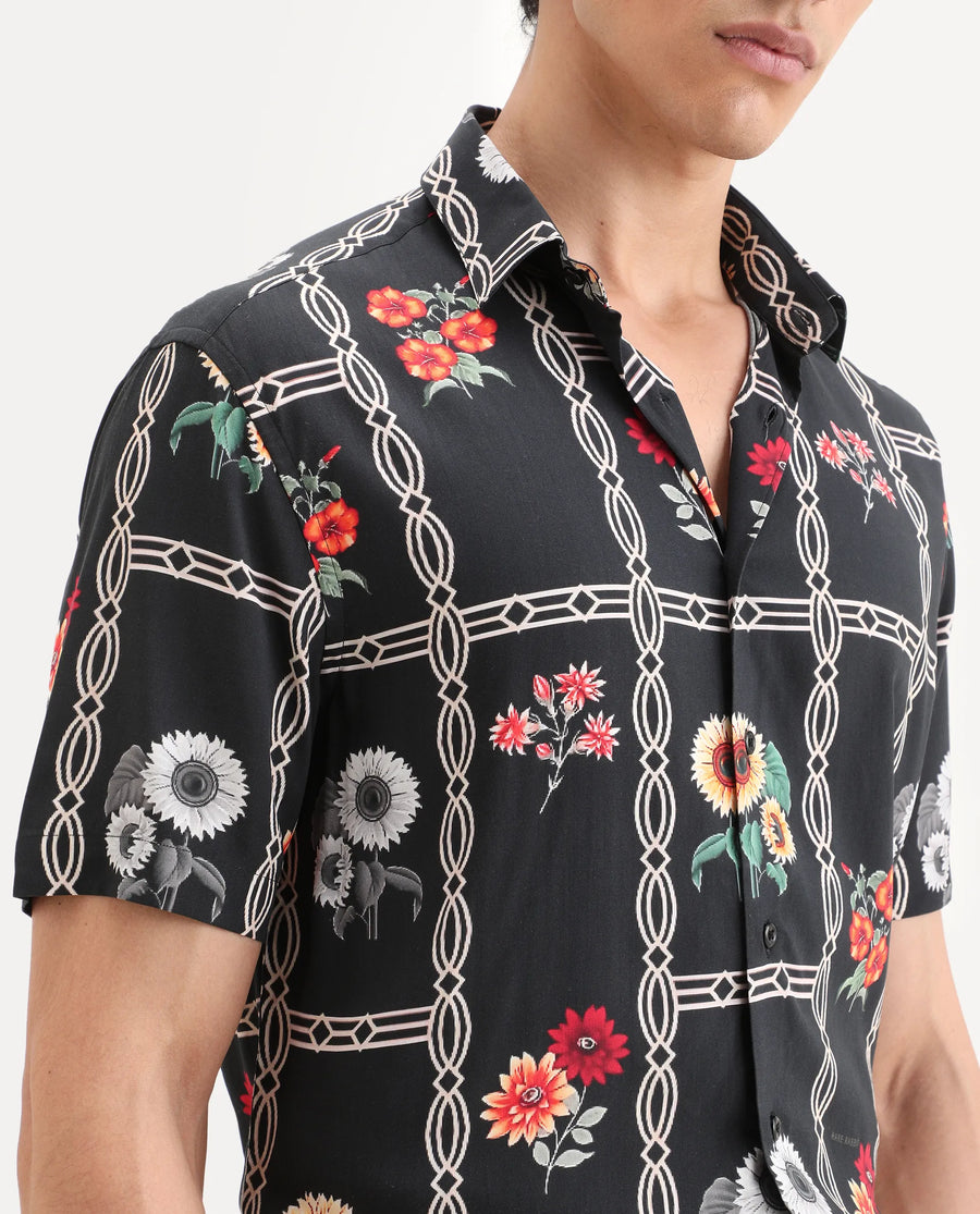 Rare Rabbit Men's Klyn Black Viscose Fabric Half Sleeve Spread Collar Regular Fit Floral Print Shirt