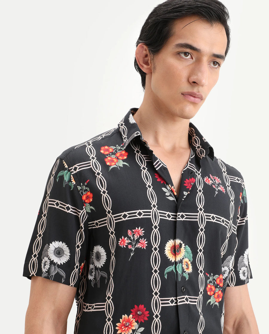Rare Rabbit Men's Klyn Black Viscose Fabric Half Sleeve Spread Collar Regular Fit Floral Print Shirt