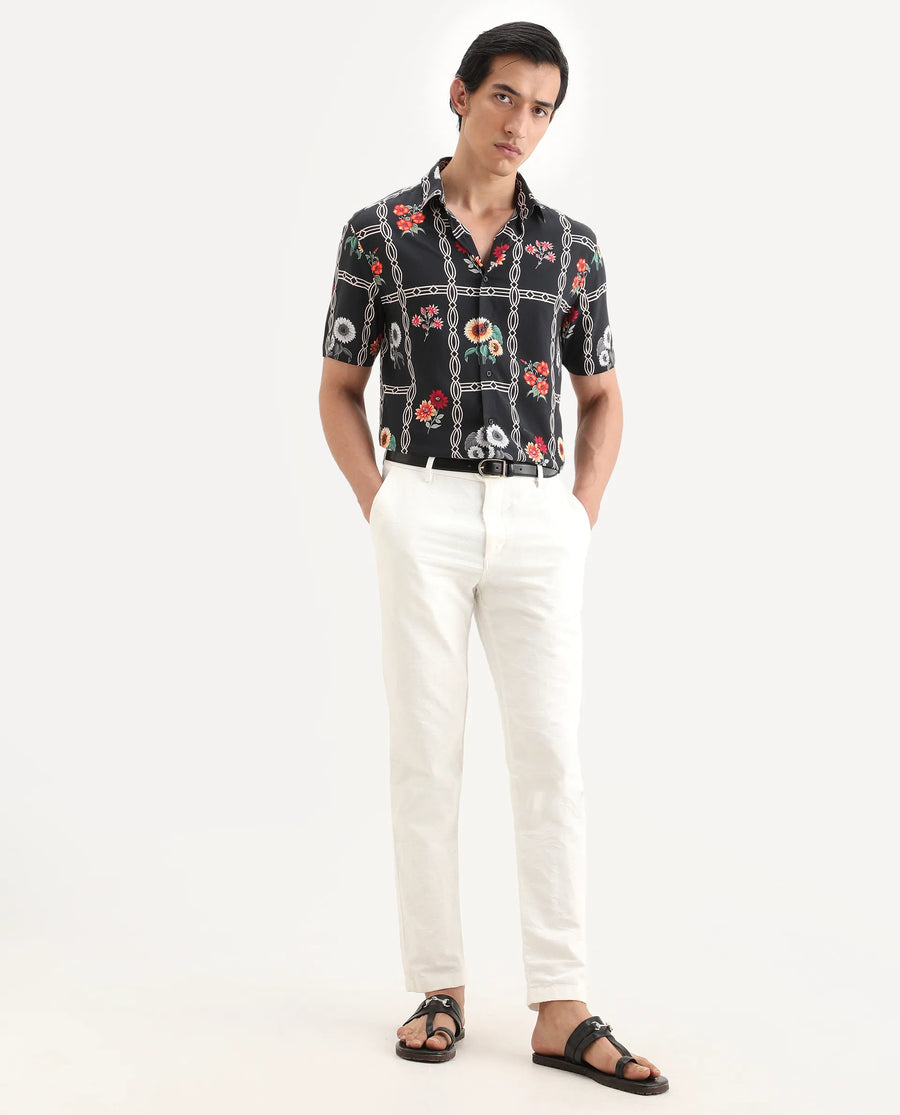 Rare Rabbit Men's Klyn Black Viscose Fabric Half Sleeve Spread Collar Regular Fit Floral Print Shirt