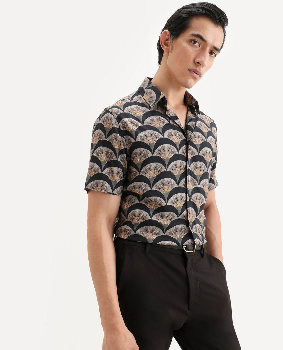 Rare Rabbit Men's Droz Black Viscose Fabric Half Sleeve Spread Collar Regular Fit Geometric Print Shirt