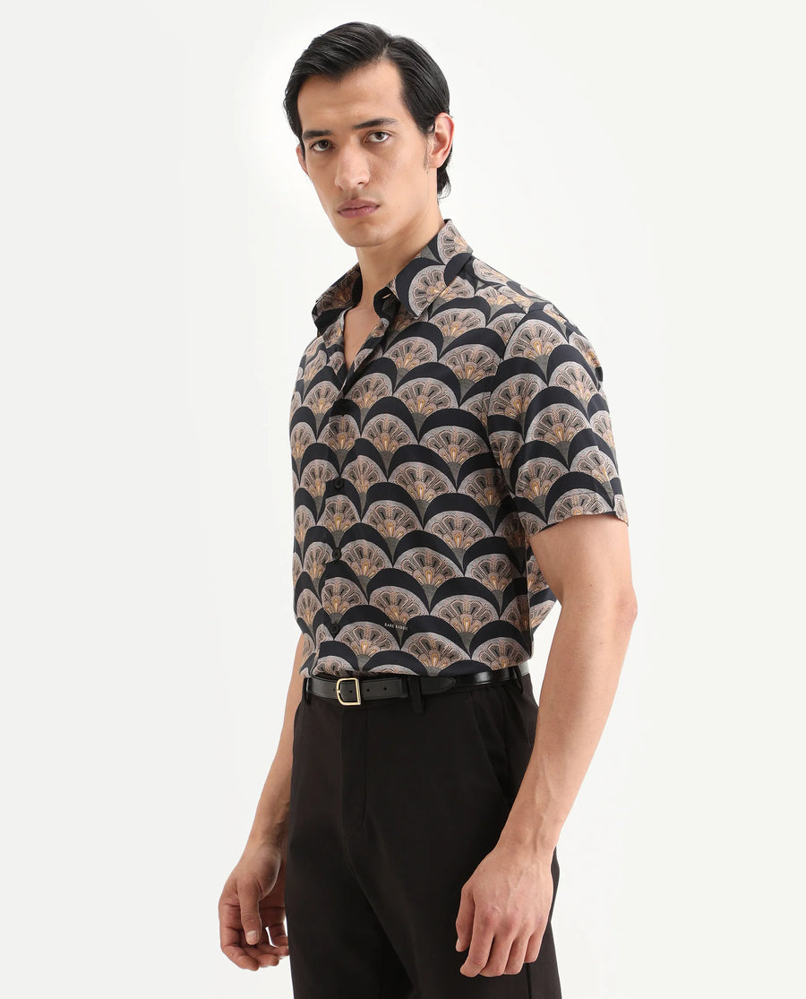 Rare Rabbit Men's Droz Black Viscose Fabric Half Sleeve Spread Collar Regular Fit Geometric Print Shirt