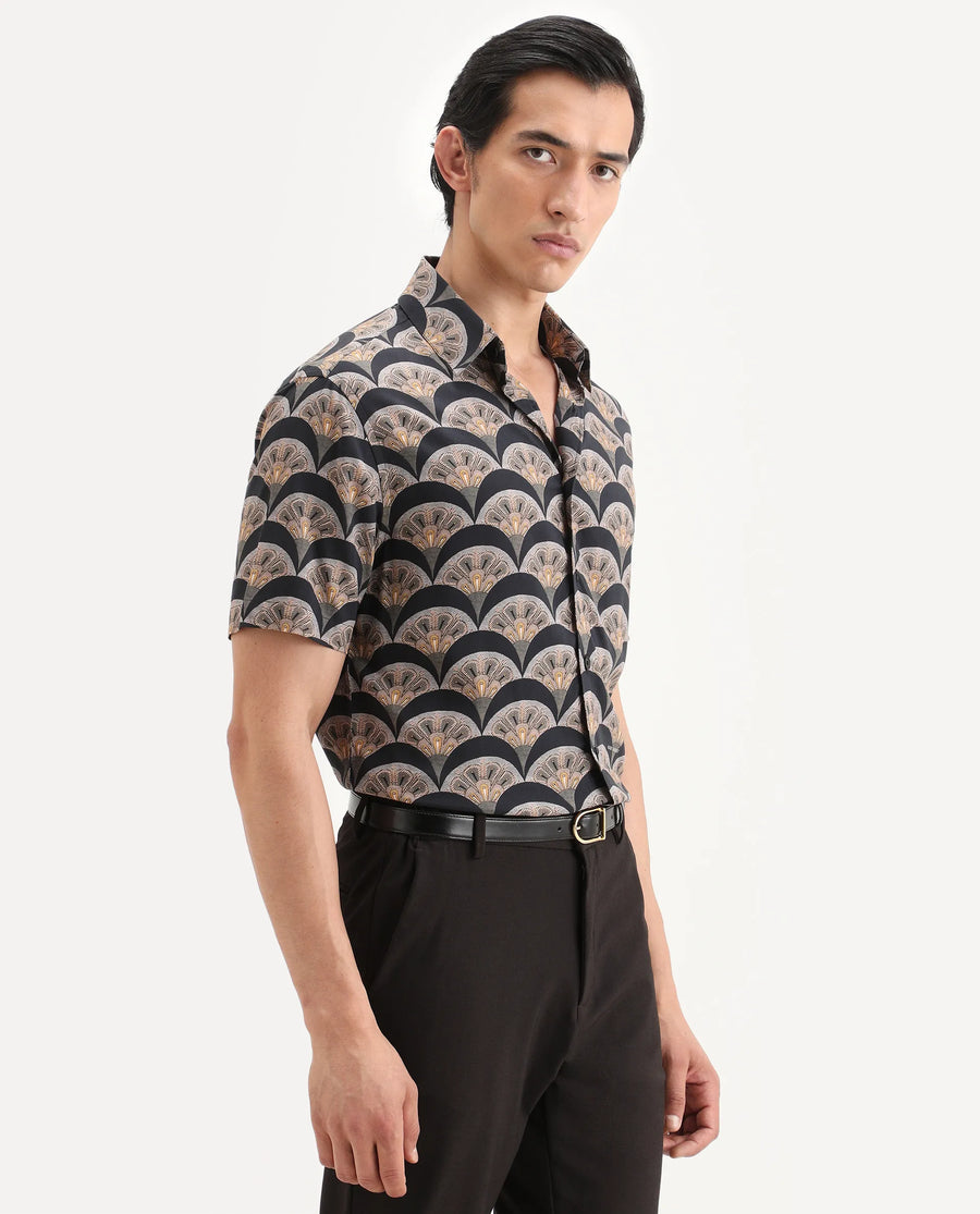 Rare Rabbit Men's Droz Black Viscose Fabric Half Sleeve Spread Collar Regular Fit Geometric Print Shirt