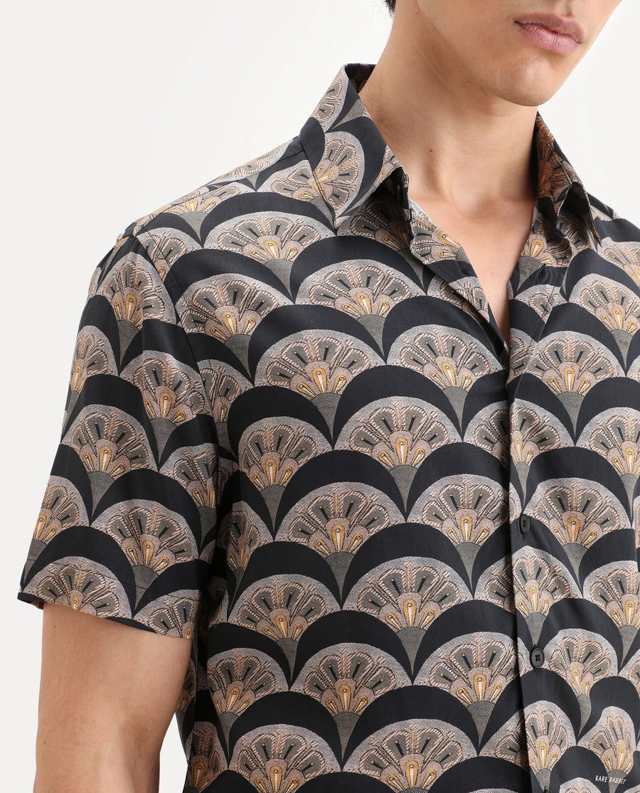 Rare Rabbit Men's Droz Black Viscose Fabric Half Sleeve Spread Collar Regular Fit Geometric Print Shirt