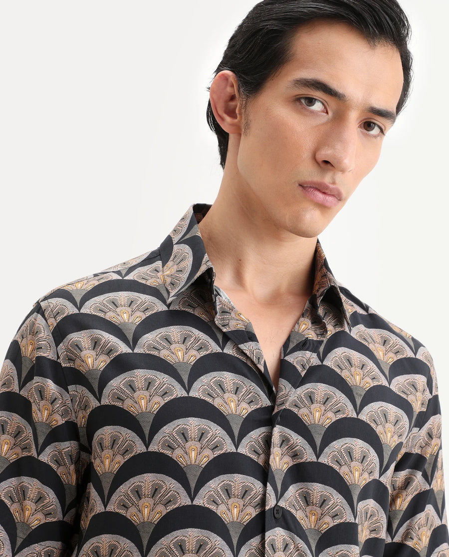 Rare Rabbit Men's Droz Black Viscose Fabric Half Sleeve Spread Collar Regular Fit Geometric Print Shirt