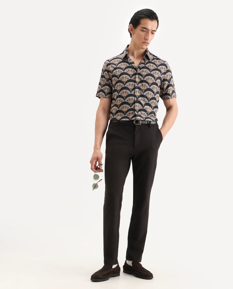Rare Rabbit Men's Droz Black Viscose Fabric Half Sleeve Spread Collar Regular Fit Geometric Print Shirt