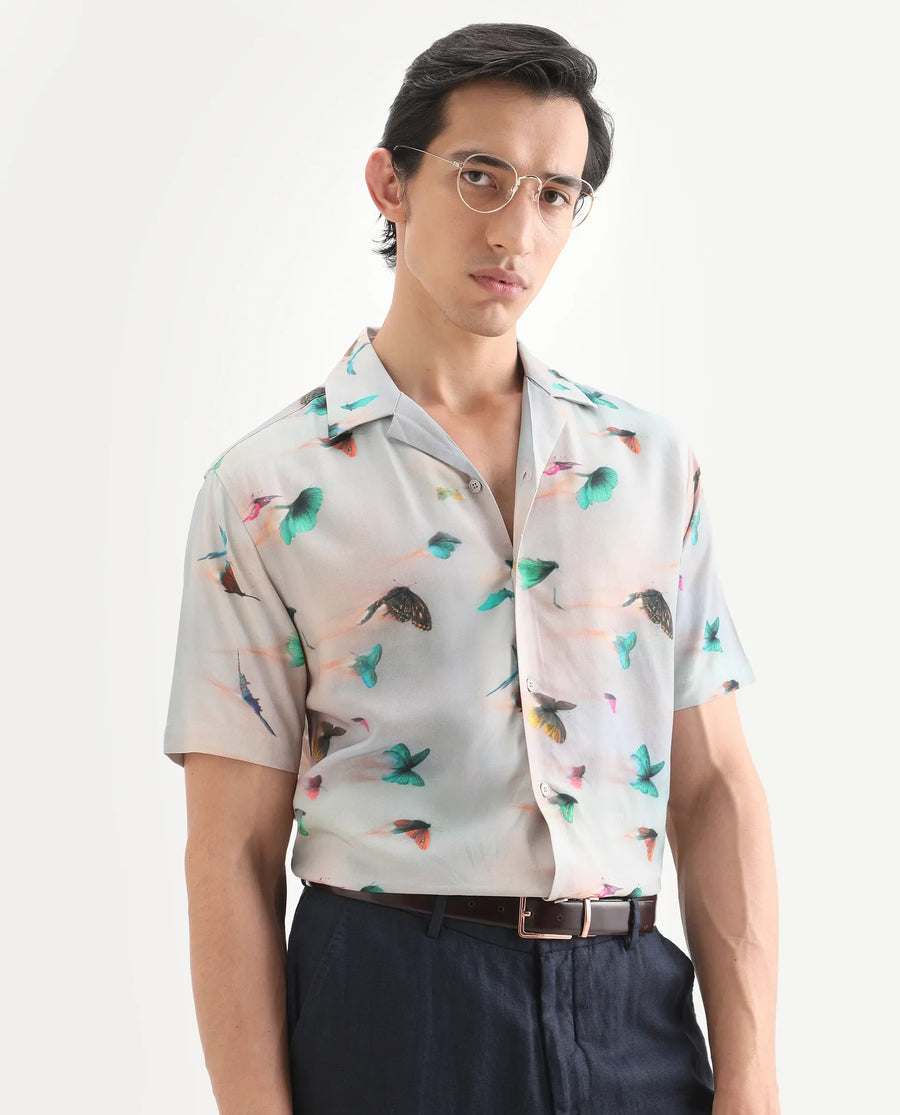 Rare Rabbit Men's Flog Dusky Blue Viscose Fabric Half Sleeve Cuban Collar Regular Fit Floral Print Shirt
