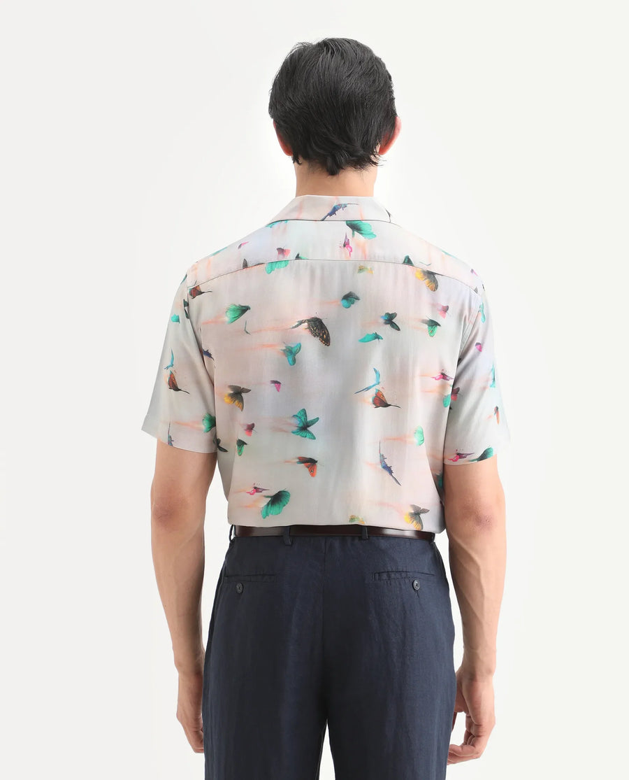 Rare Rabbit Men's Flog Dusky Blue Viscose Fabric Half Sleeve Cuban Collar Regular Fit Floral Print Shirt