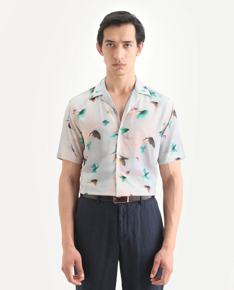 Rare Rabbit Men's Flog Dusky Blue Viscose Fabric Half Sleeve Cuban Collar Regular Fit Floral Print Shirt