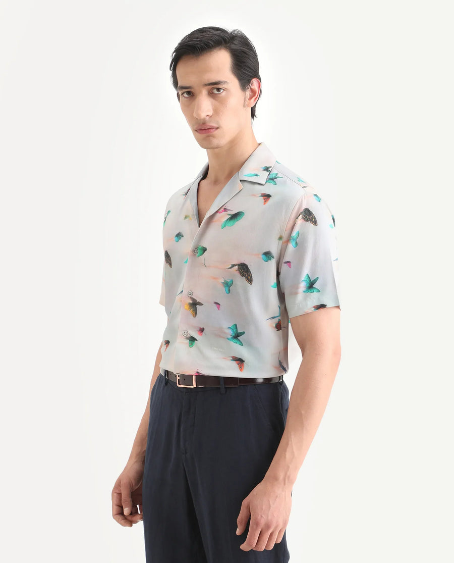 Rare Rabbit Men's Flog Dusky Blue Viscose Fabric Half Sleeve Cuban Collar Regular Fit Floral Print Shirt
